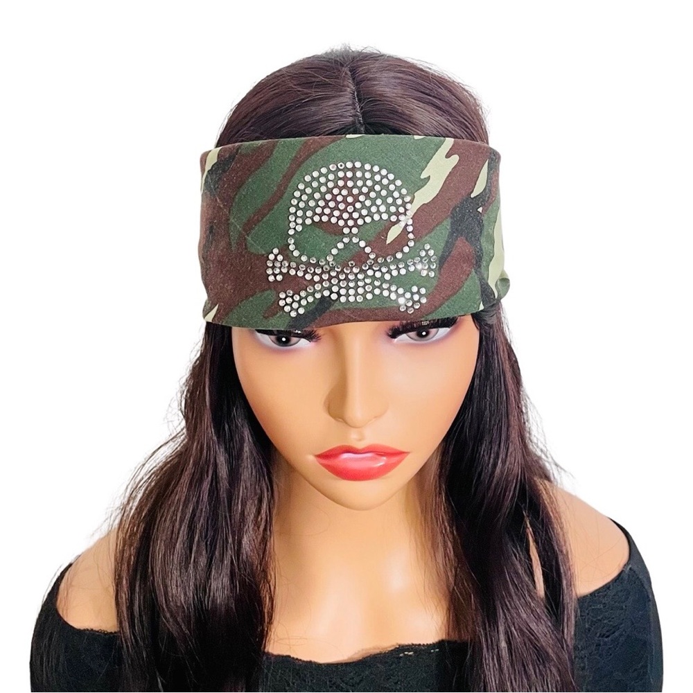 Luxe Swarovski Crystal Skull & Crossbones Camo Bandana | Rocker Chic Headscarf - Picture 3 of 5